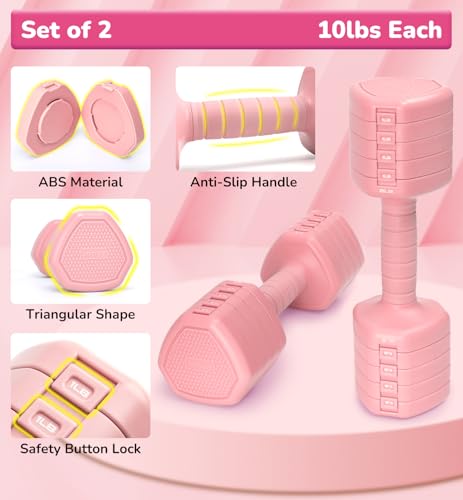 Adjustable Dumbbell Set of 2, 10LB 20LB 30LB Weight Set | Hand Weights for Women Men, Dumbbells for Home Gym Outdoor Exercise & Muscle Toning Weight Loss Rehab Strength Training - color: Pink, style: 20 lb, Pair-Rubber Handle