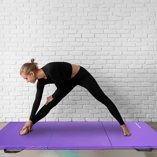 BalanceFrom 6x2 Feet 3-Panel Folding Gymnastics Mat – 2-Inch Thick Pad with Vinyl Surface and Carrying Handles for Tumbling, Yoga, Pilates, Home Workouts, and Martial Arts - color: Purple