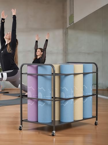Yoga Mat Storage Rack Basket with Wheels, Home Gym Storages Rack with Wheels Workout Equipment Storage Cart, Exercise & Fitness Organizer Black