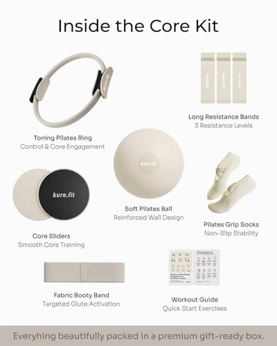 Pilates Kit for Women – Home Pilates Equipment Set with Ring, Ball & Resistance Bands | Pilates Starter Kit with Accessories in Gift Box - color: Beige, style: Core Kit - 10PC