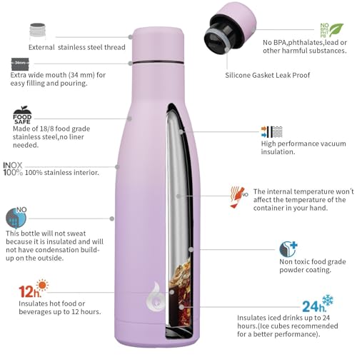 BJPKPK Insulated Water Bottle 17oz Stainless Steel Water Bottles Dishwasher Safe Reusable Metal Thermal Cold and Hot,Dreamy Purple - color: Dreamy Purple, size: 17 Ounces