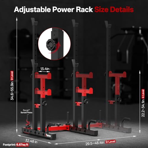 PASYOU Adjustable Squat Power Rack for Home Gym | Adjustable Free Weight Racks, Dual Steel Frame, Push-up Handles, with Dumbbell Storage, Heavy Strength Training for Home Gym - color: Red