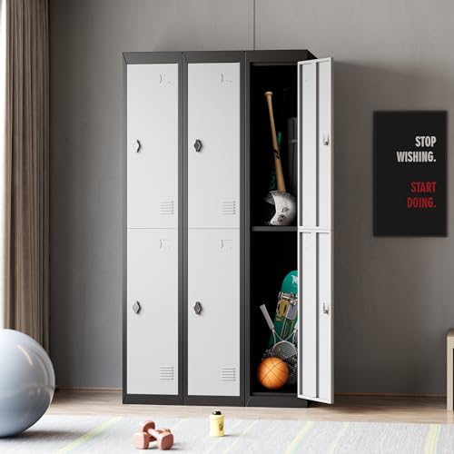 72" Tall 2 Door Metal Locker with Key, Heavy Duty Steel Storage Cabinet with Shelves, Lockable Employee Locker for School, Office, Gym, Home, Garage, Grey & Black - size: 2 Door