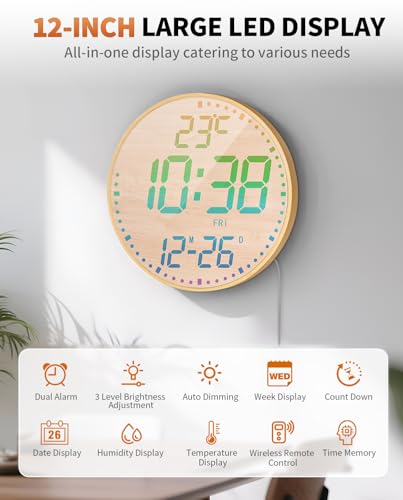 12" Large Digital Wall Mount Clock, Count Down Timer, Alarm, Big LED, 12 RGB Color, Temperature for Living Room Classroom Desk (Bamboo Elements) - style: Bamboo Elements