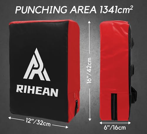 Martial Arts Kicking Shield Pad for Muay Thai, Taekwondo Football, Basketball, Hockey Training, 12x16in Denser Foam High-Density PU Leather Cover - color: Red Shield x2