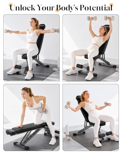 Fitness Bench, Adjustable, Comfortable, Fashionable, Foldable and Extended Headrest with 192 Positions Incline Decline 900LBS Home Gym Bench for Strength Training - color: Black