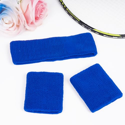 Sucrain 3 Pieces Sweatbands Set, 1 Pieces Sports Headband and 2 Pieces Wristbands,Wicking Sweat Head Band for Youth Womens Men - color: Blue