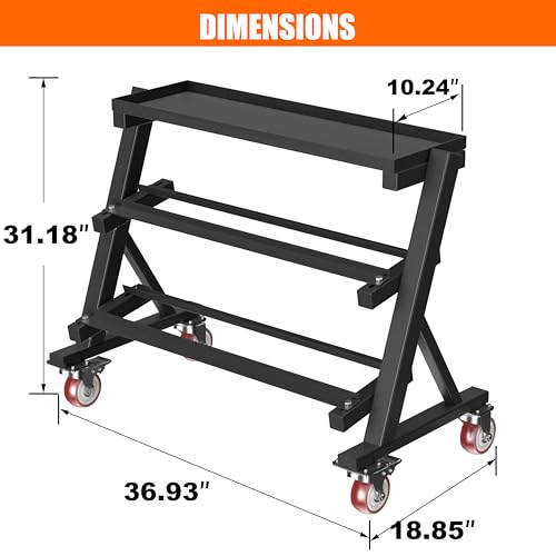 3-Tier Heavy Duty Dumbbell and Kettlebell Rack with Wheels | 1200LBS Weight Capacity, 360° Locking Casters, Flat Top Tray for Kettlebells, Adjustable Width Rails, Pre-welded Frame