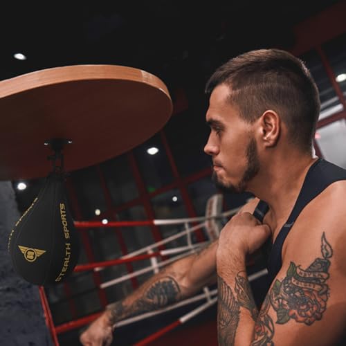 Speed Ball Boxing – MMA Speed Bag & Hanging Swivel Kit for Boxing Training – Punching Bag for Muay Thai, Kickboxing, Martial Arts, Reflex and Speed Training Striking Bag - color: Matt Black & Gold