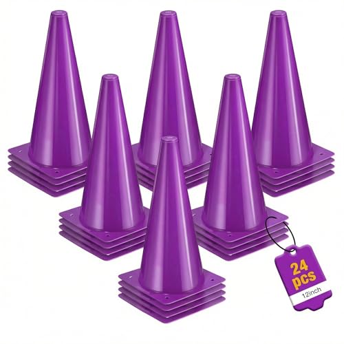 12 Inch Sports Cones Set of 24,Durable Training Cones for Soccer,Football, Basketball Drills - Multi-Purpose Agility Cones for Indoor & Outdoor Practice - color: purple