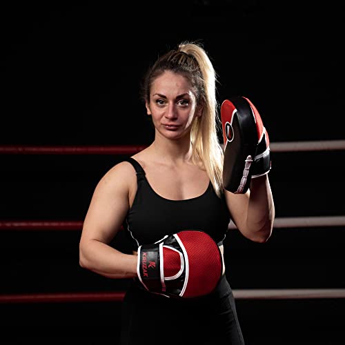 Kruzak Premium Boxing Gloves and Focus Mitts Set for Kickboxing and Muay Thai MMA Training| Focus Pads and Training Gloves | Fitness Kit for Martial Arts & Karate | 08, 10, 12, 14, 16 oz Gloves - color: Black and Red, size: 10 oz