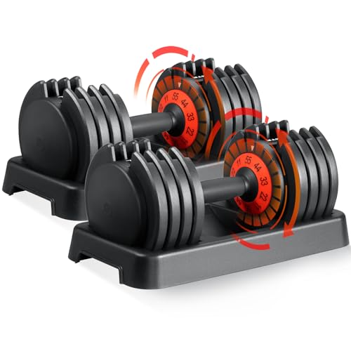 SKOK 25/55 lbs Pair Adjustable Dumbbells Set, Adjustable Weights Dumbbells Set for Men and Women with Anti-Slip Fast Adjust Weight by Turning Handle Dumbbell with Tray - color: 55lbs-Pair