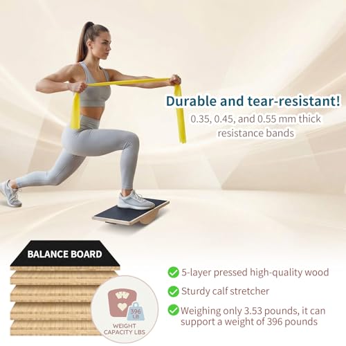 Thenshop Balance Board Trainer Set with Resistance Bands for Adults Wooden Wobble Board for Core Strength, Stability & Balance Training, Includes 3 TPE Exercise Bands