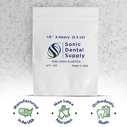 1/8 inch X-Heavy 6.5 oz - Orthodontic Elastic Rubber Bands - 100 Pack - Clear Latex Free, Small, Braces, Dreadlocks Hair Braids, Tooth Gap, Packaging, Crafts, Sonic Dental Supply - Made in USA