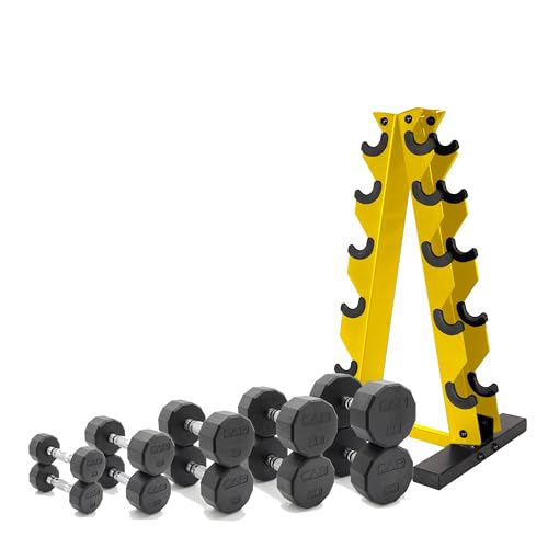 CAP Barbell 150 LB Coated Hex Dumbbell Weight Set with Vertical Rack | Multiple Options - color: Yellow Rack, style: 12-Sided Chrome Handle