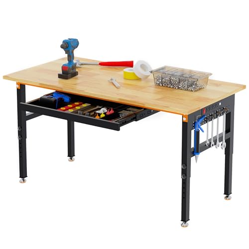 Betterhood 60" Adjustable Height Workbench, 2000 LBS Heavy Duty Work Table with Power Outlets & Pegboard, Rubber Wood Workstation for Garage, Workshop, Office, Home, Commercial - size: Rubber Pad / Power Outlets / Drawer / 60"x24"