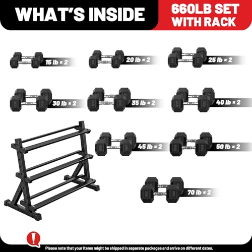 PAPABABE Dumbbell Set with Rack Dumbbells Rubber Encased Home Gym | PAPABABE Complete & Durable Cast Iron Core Odorless PVC Antiroll Hex Shape Ergonomic Chrome Handle Versatile Home Gym - size: 660LB with 3-Tier Weight Rack