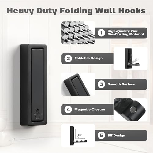 Folding Wall Hooks, 4pcs Foldable Coat Hooks, Heavy Duty Zinc Alloy No Rust Fold Up Hooks for Coat, Towel, Key, Hat, Bag, Jacket, Backpack (Matte Black) - color: Matte Black, size: 4
