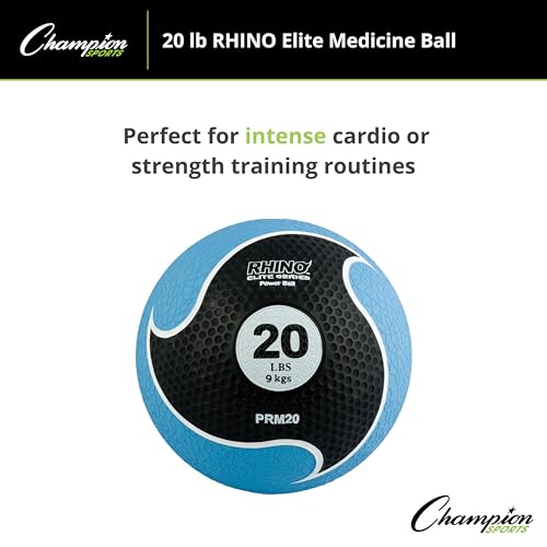 Champion Sports Rhino Elite Medicine Ball – Textured Surface, Superior Grip, Hollow Synthetic Rubber for Consistent Bounce & Durability, Multiple Weights & Colors - Optional Rebounder Sold Separately - style: 20 Pounds - Blue