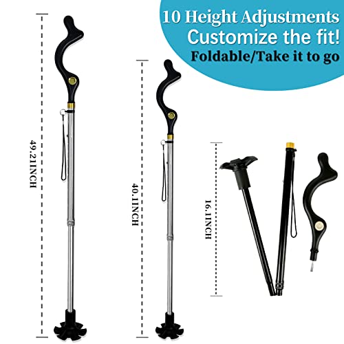 Walking Cane Foldable for Men & Women Seniors for Balance,Self Standing Folding,Height Adjustable Anti-Slip Lightweight Alloy Walking Stick for Travel Mobility Aid - color: silver