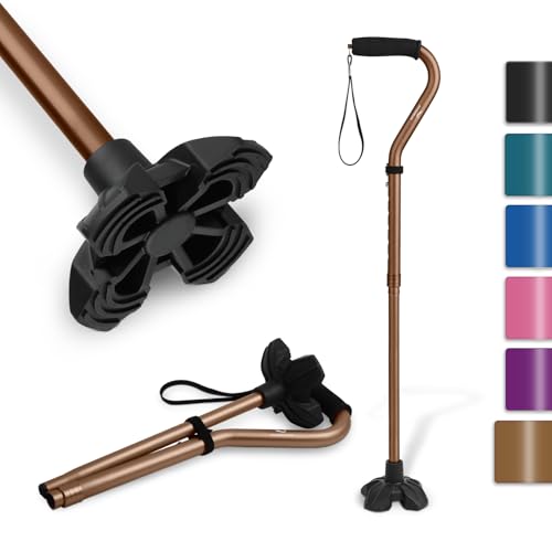 KINGGEAR Self Standing Walking Cane Quad Base for Seniors | Folds 1.1lb, 6 heights 31-36", offset EVA grip, wrist strap, all-terrain quiet base, for women men recovery - color: Bronze