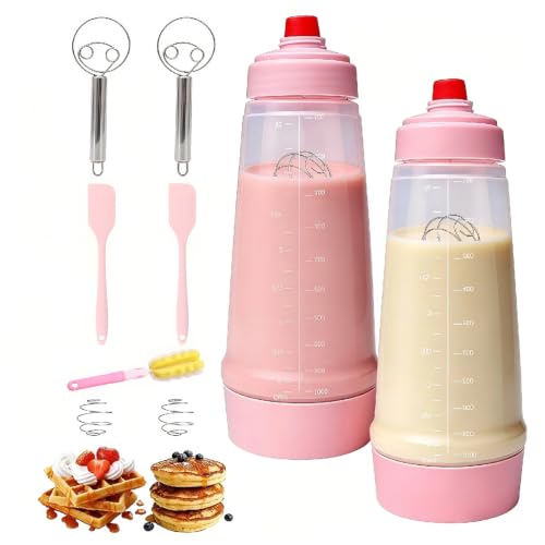 Pancake Batter Dispenser Bottle Kit with 7 Accessories, 1000ml Silicone Squeeze Pancake Mixer Bottle with Whisk Ball and Stand Base, Pancake Shaker Bottles for Cupcakes Muffins Waffle (2pack) Pink - color: Pink