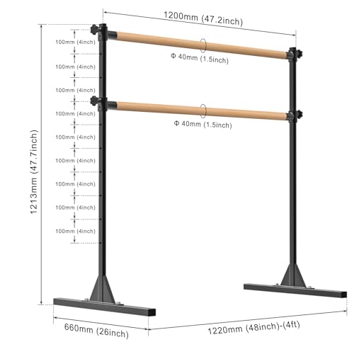 SELEWARE Height Adjustable Ballet Barre Freestanding Ballet Bar Heavy Duty Dance Bar Support Barre Movements Body Stretch Pull-ups, Sturdy Construction Never Fall Apart, Anti-Slip - color: 4 FT (Wood Crossbar, Black)