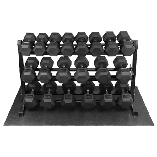 WF Athletic Supply Rubber Encased Hex Dumbbells with Rubber Grip Contoured Handle for Muscle Toning, Strength Building & Full Body Workout - color: z. 1550LB (55LB - 100LB) Dumbbell Set w/ 3-Tier Rack and Mat