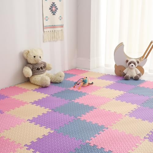 36 Tiles Foam Play Mat for Baby, 0.4 Inch Thick Foam Interlocking Floor Mats, Non-Toxic Baby Playmat, Solid Colored Puzzle Play Mat Kids Floor Mats for Toddler(Beige/Pink/Purple/Gray Blue) - color: Beige/Pink/Purple/Gray Blue, size: 36 Pcs/70.8*70.8