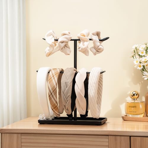 Headband Holder Organizer, 2-Tier T-bar Storage Stand with Tray for Hair Accessories Hairband Hair Clip, for Girls Women, Black - color: Black-black
