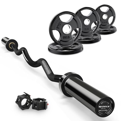 RitFit 2 Inch EZ Curl Bar with Weights, 350LBS Capacity Olympic Barbell for Bicep & Triceps, Home Gym Strength Training - style: Black(with 35LB Weights and Collar)
