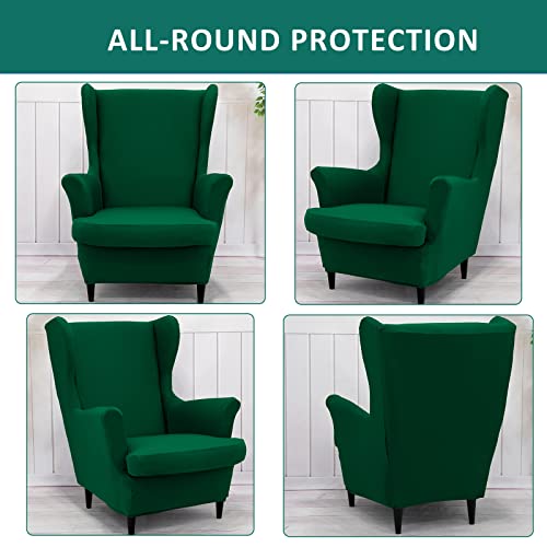 NILUOH Wingback Chair Cover 2-Piece Soft Stretch Wing Chair Slipcover Solid Color Armchair Sofa Couch Cover Furniture Protector with Elastic Bottom for Living Room Bedroom (Dark Green) - color: Dark Green