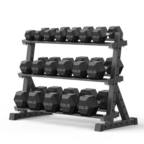 PAPABABE Dumbbell Set with Rack, 540-850lb, Rubber Encased, Home Gym | Complete & Durable Cast Iron Core Odorless PVC Antiroll Hex Shape Ergonomic Chrome Handle Versatile Home Gym - size: 640LB with 3-Tier Weight Rack