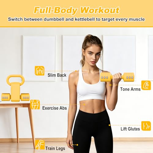 RINREA Adjustable Dumbbell Set, Hand Weight Dumbbells with Kettlebell Shell | ABS, Weight Adjustable, Quick Lock, Kettlebell & Dumbbell in 1 Set, Compact, Space-saving, Women, Home Gym, Office, Traveling - color: Yellow