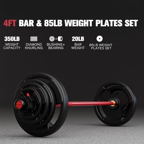 RitFit Barbell Weight Set - 4/6FT Olympic Barbell with Weight Plates (55-115LB Total) - Weightlifting Equipment for Squats, Curls, Deadlifts, Presses, Hip Thrusts - color: Black/Red, size: 4FT With 85LB Plates