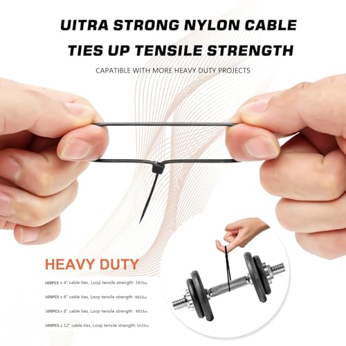 Zip Ties Assorted Sizes(4”+6”+8”+12”), 2000 Pack,Black Cable Ties,Multi-Purpose Self-Locking Nylon Cable Cord Management,Plastic Wire Ties for indoor and outdoor use. - color: Black, size: 4+6+8+12-Inch(2000PCS Set)