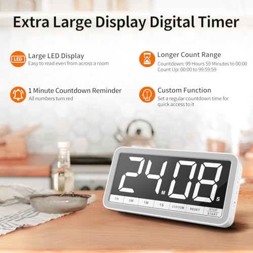 VOCOO Digital Kitchen Timer with 7.8” Extra Large Display, Magnetic, LED with 3 Brightness, 4 Alarms and 3 Volume Levels, Battery Countdown Count Up Timer for Cooking, Classroom, Home Gym (White) - color: White