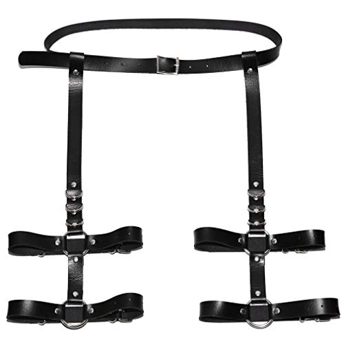 Adjustable Elastice 2 Rows Leather Leg Harness Garter Belt Punk Gothic Thigh Ring Garter - color: Black 2 With Waist Belt