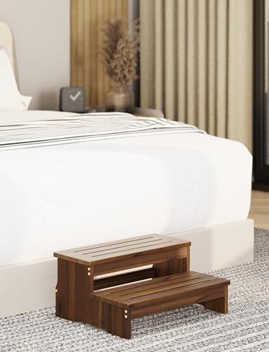 TINAMO 25" Acacia Bed Steps for High Beds for Adult 500LBS - 2-Step Wood Step Stool - Wooden Step Stool for Bed - Heavy Duty Hot Tub Steps & Hot Tub Stairs - Walnut Color (Patent Pending)