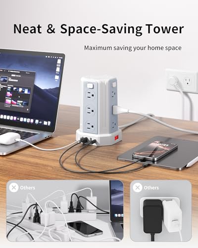 Power Strip 6.5 Ft Extension Cord with 12 AC Multiple Outlets 4 USB (1 USB C), SMALLRT Power Strip Tower Desktop Charging Station for Home Office College Dorm Essentials - color: White, size: 6.5 ft