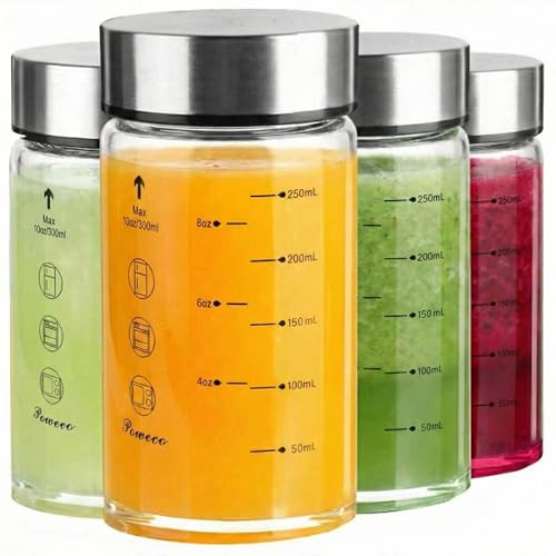 Glass Juice Bottles 4 Pack 10 oz - Wide Mouth Glass Water Bottles with Lids - for Juicing, Protein, Smoothie, Milk, Reusable, BPA Free, Stainless Steel Lids, Blender, Shaker Bottle [300ml] - color: 4-Pack (oz), size: 10oz/300ml