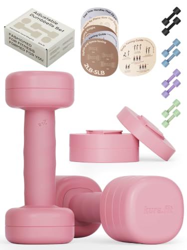 Adjustable Dumbbell Set｜2LB 3LB 4LB 5LB Light Hand Weights for Women｜One-Twist Weight Adjustment｜Non-Slip Curved Grip Handle｜Free Weights for Home Gym, Rehab, Pilates, Yoga, Strength Training - color: Blush Pink
