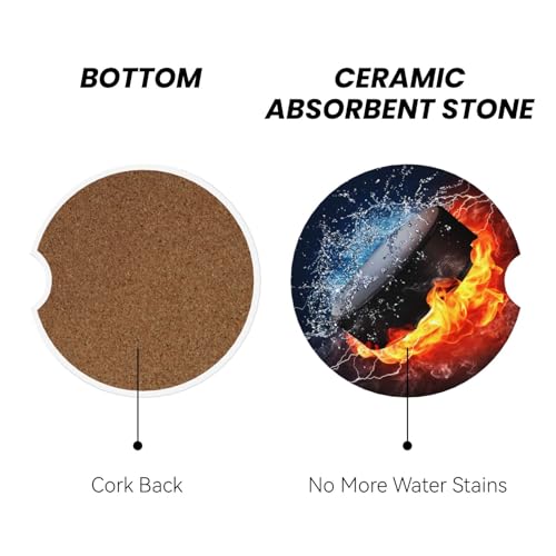 Hockey Fire Car Coasters for Cup Holders, 2 Pack Absorbent Ceramic Drink Cup Coaster for Women Men, Auto Interior Accessories - color: T12