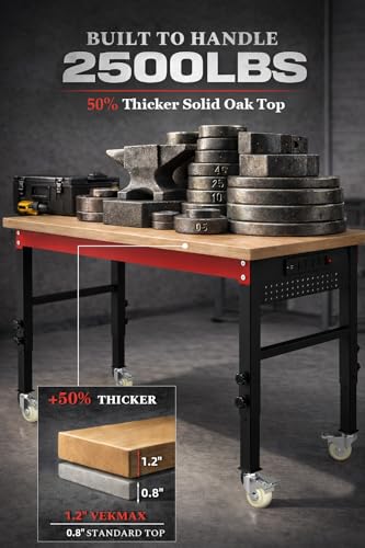 70" Heavy Duty Workbench, 2500 LBS Load Capacity Work Bench with 1.2" Laminated Oak Wood Top & Reinforced Steel Frame, Adjustable Height Work Table for Garage, Workshop, Office, Home (Casters) - size: 70"丨Casters