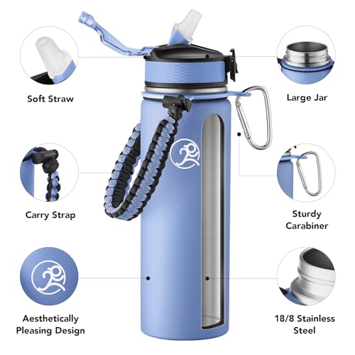 GOSWAG 24oz Insulated Stainless Steel Travel Water Bottle, 2 Lids | with straw and no straw, Paracord handle, Double-wall vacuum keeps drinks cold or hot, Leakproof tumbler - color: Matte Icy Blue