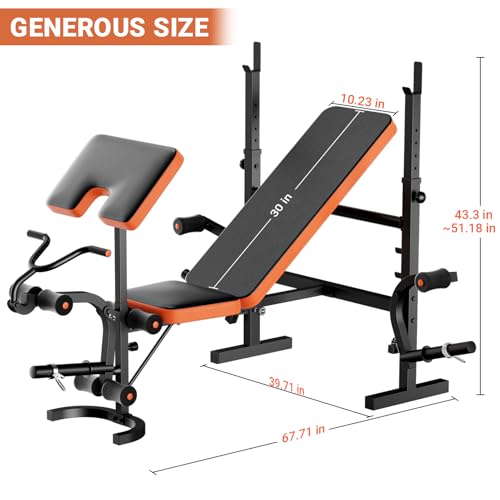 Fostoy Adjustable Weight Bench, Bench Press with Squat Rack, Olympic Weight Bench for Home Gym, Workout Bench with Preacher Curl Pad and Leg Develope for Full-Body Strength Training