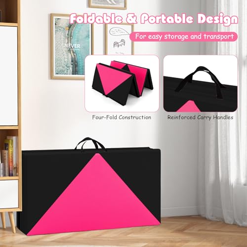 Goplus Gymnastics Mat, Folding Tumbling Mat with Carry Handles, Hook & Loop Fasteners, 4 Panels for Fitness Exercise Yoga Stretching Aerobics Workouts, Thick Gym Mats for Home - color: Rose&Black