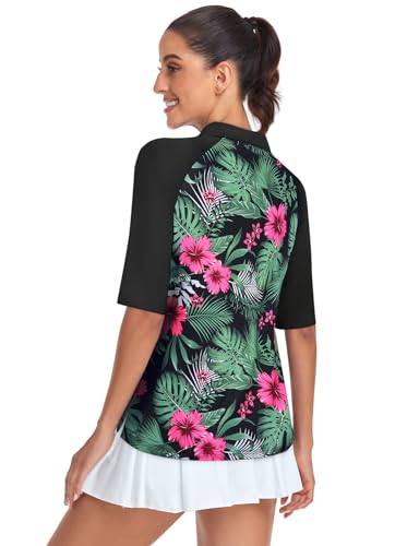 Cucuchy Womens Golf Shirt Half Sleeve Quarter Zip Polo Tennis Shirts Workout Tops - color: A-floral Red, size: XX-Large
