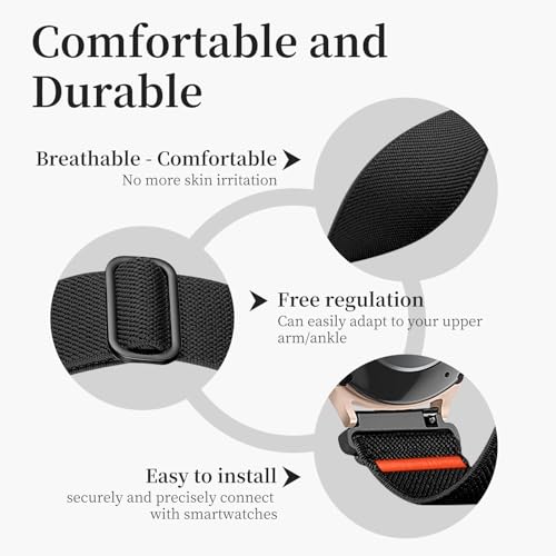 20mm Nylon Sport Ankle/Arm Band Compatibel with Galaxy Watch 7/6/5/4/FE 44mm 40mm/Watch 5 Pro/ 6 Classic 47mm 43mm/ 4 Classic Strap,Elastic Oberarmband Bicep Band for Women Men - color: Black