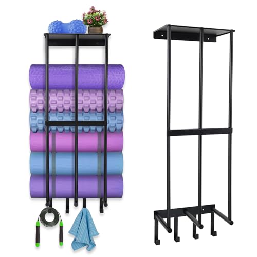 Yoga Mat Holder Yoga Mat Holder Wall Mount Home Gym Accessories Organizer,Towel Storage Rack with 4 Hooks for Hanging Foam Roller and Resistance Bands Gym Organization for Home Gym